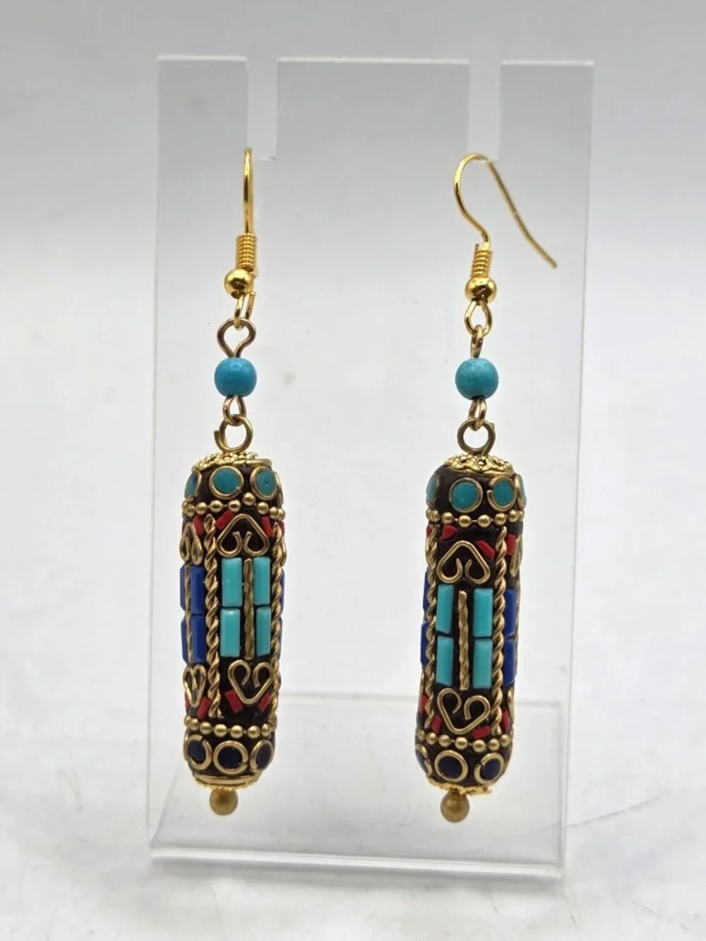 Boho Dangle Earrings With Faux Turquoise & Red Inlays Brass Accents